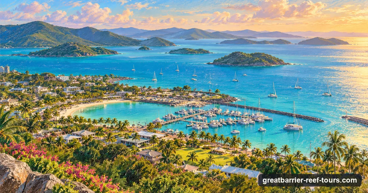 A soft pastel drawing of Airlie Beach marina and the Whitsunday Islands