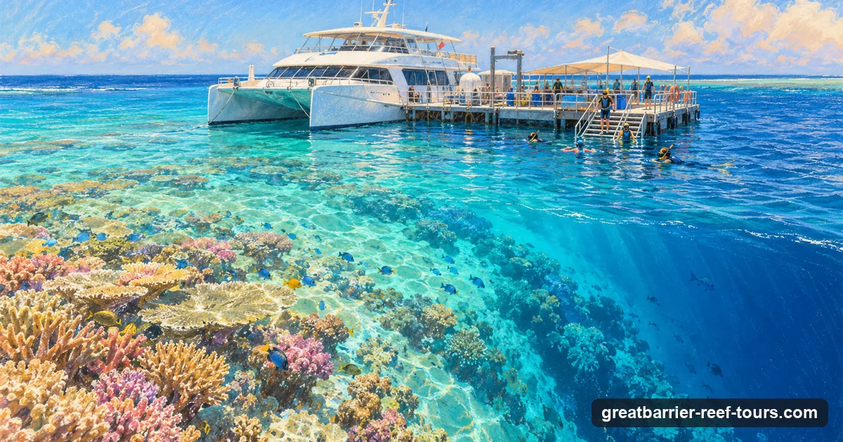 A soft pastel drawing of a tour catamaran moored at an outer-reef pontoon on the Great Barrier Reef
